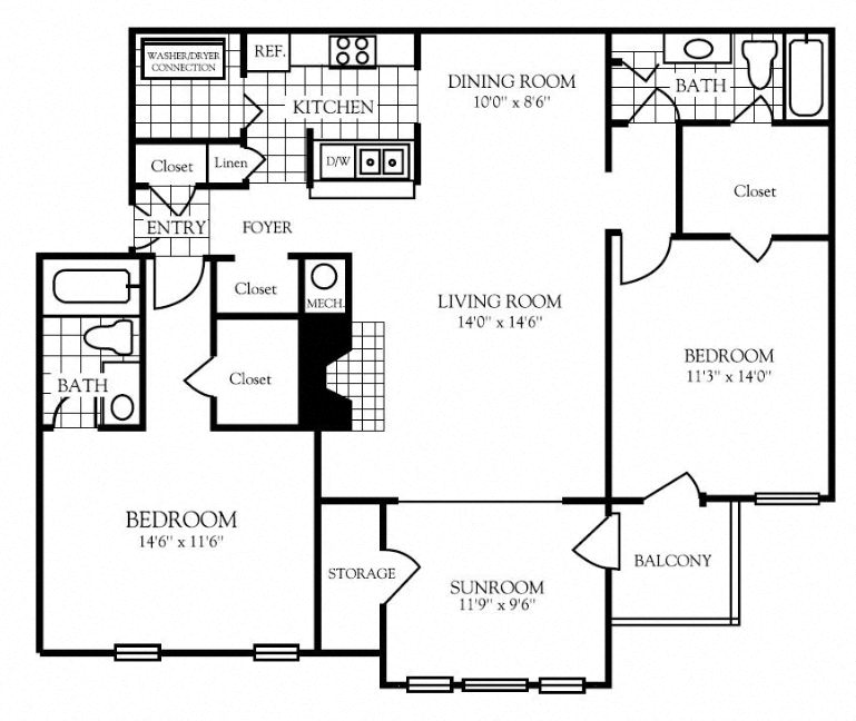 Floor plan for 2 beds, 2 baths, 1285 sqft